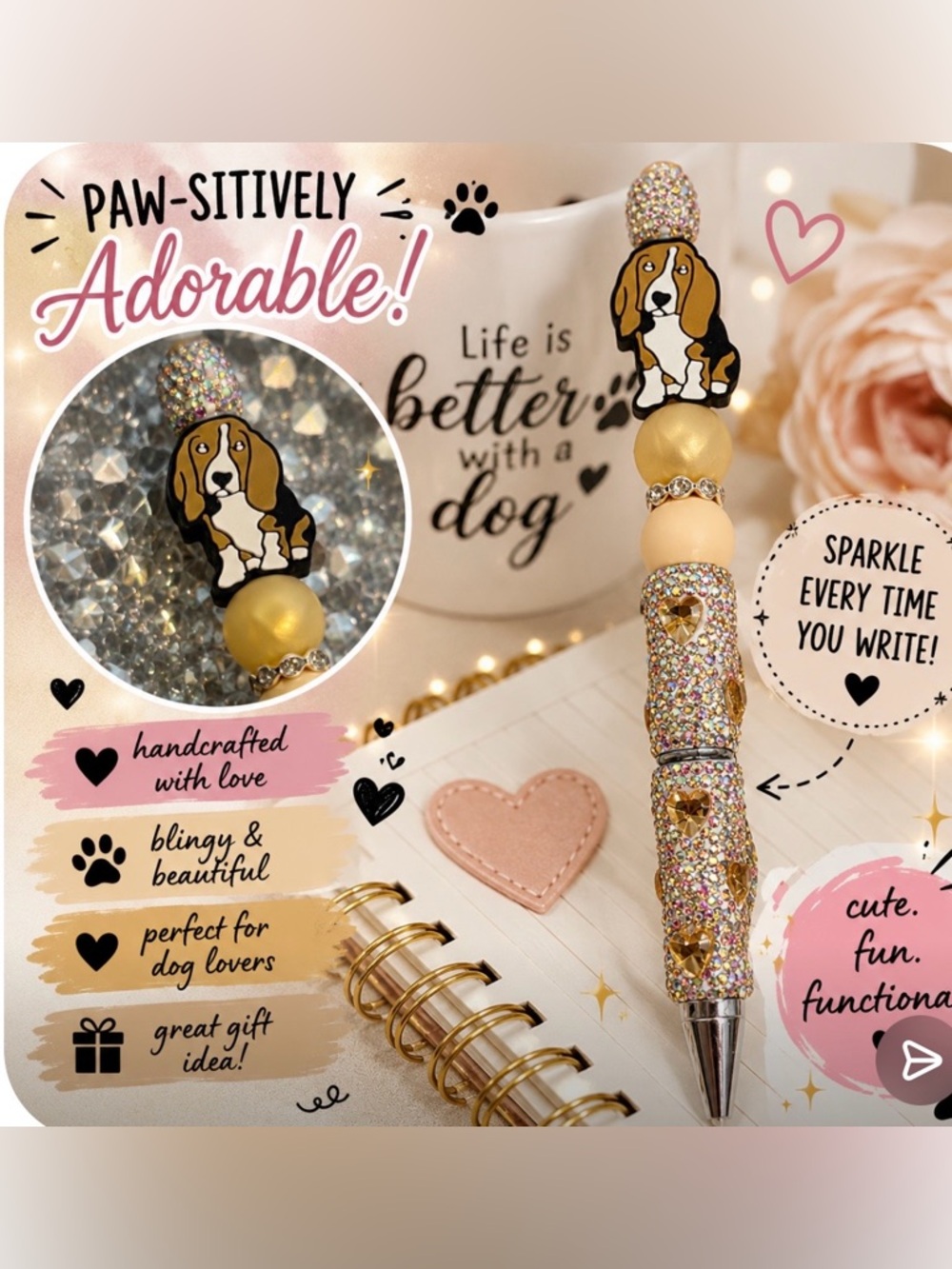 🐶 Sparkly Basset Hound Beaded Pen ✨🖊️